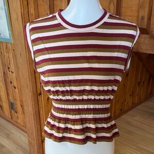 White House Black Market Maroon and White Striped blouse shirt Top